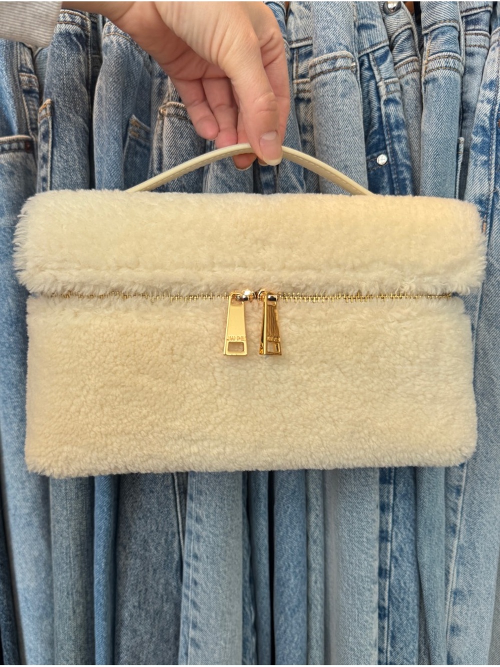 JW PEI Cream Faux Shearling Top-Handle Clutch with Gold Hardware